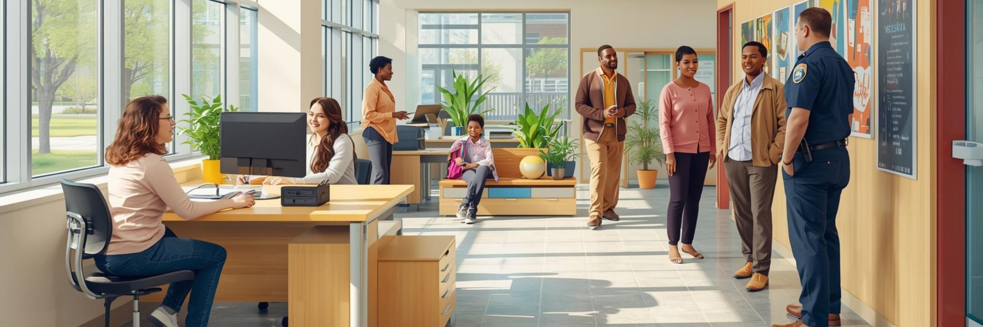 Bright, modern office lobby with staff at desks while visitors talk with a uniformed security officer near a bulletin board.