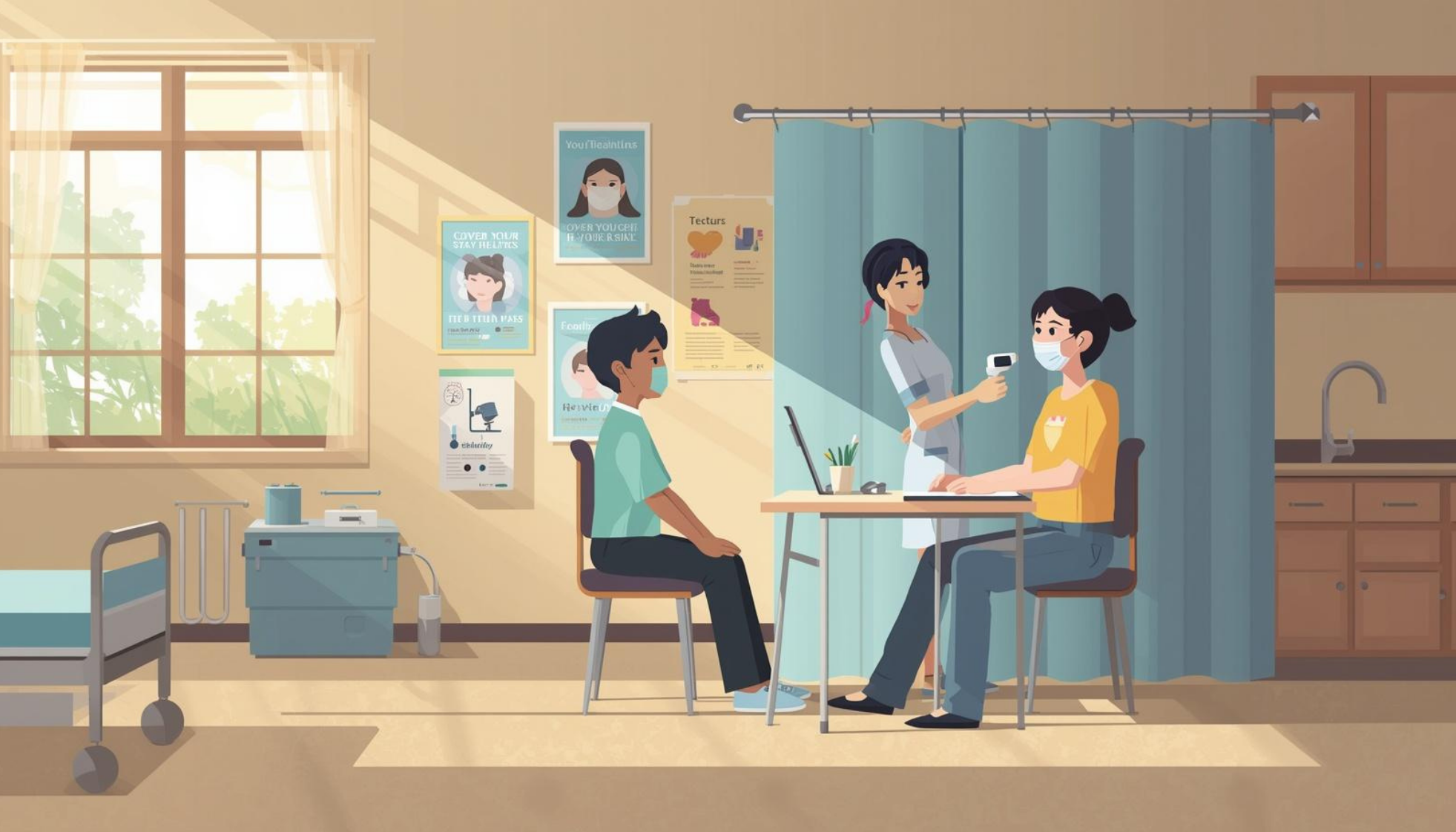 Illustration of a healthcare worker taking a masked patient’s temperature in a clinic exam room.