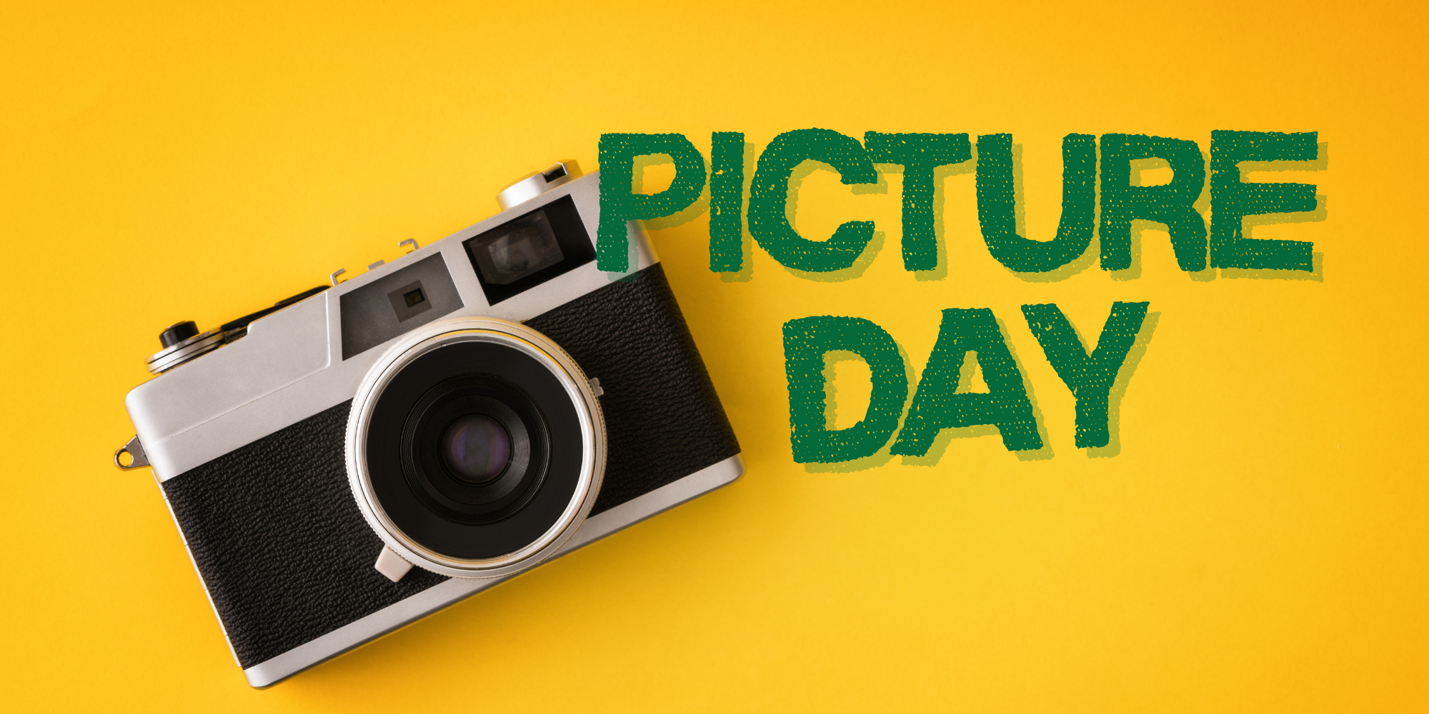 Picture Day graphic featuring a vintage camera and bold “Picture Day” text on a yellow background.
