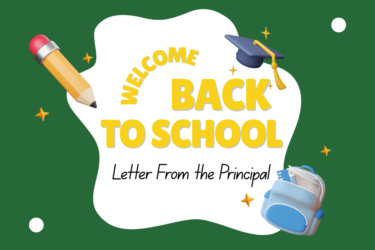 Back-to-school graphic with a pencil, graduation cap, backpack, and the text “Welcome Back to School: Letter From the Principal.”
