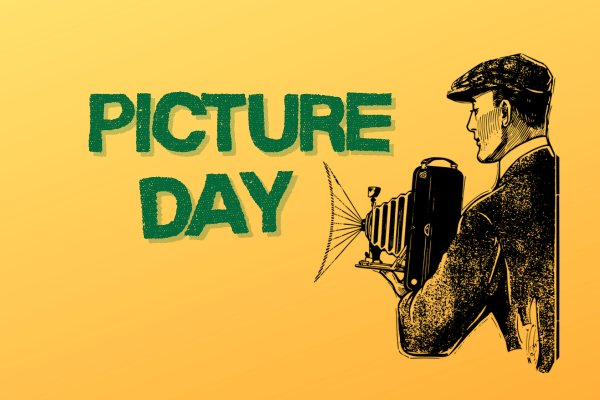 Picture Day graphic featuring a vintage photographer and bold “Picture Day” text on a yellow background.